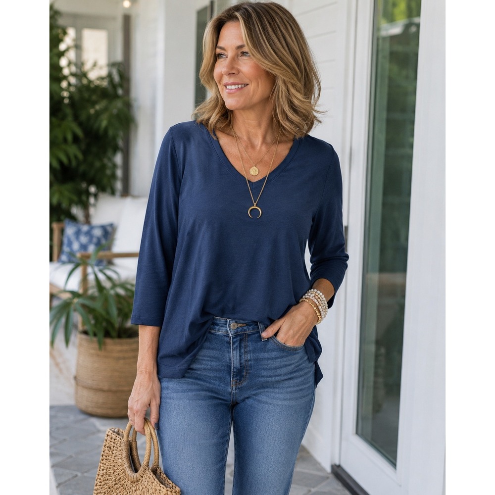 J.Jill Small Navy Pima Cotton V-Neck Tee 3/4 Sleeve Quiet Luxury Capsule Top